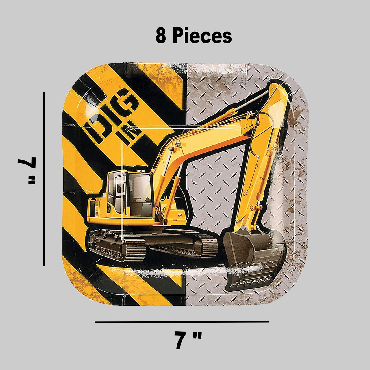 8 Ct. Construction Zone Excavator Square Paper Dessert Plates 7" “Dig In Party Plates